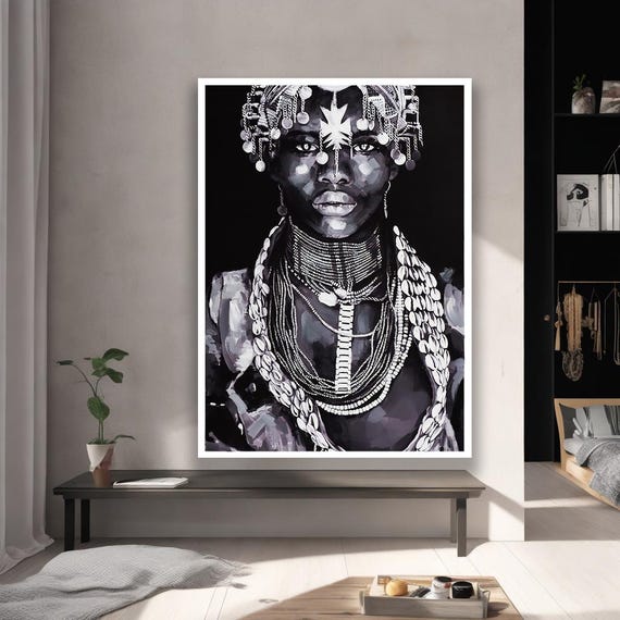 Black And White Tribal Portrait With Jewelry African Art Canvas Print