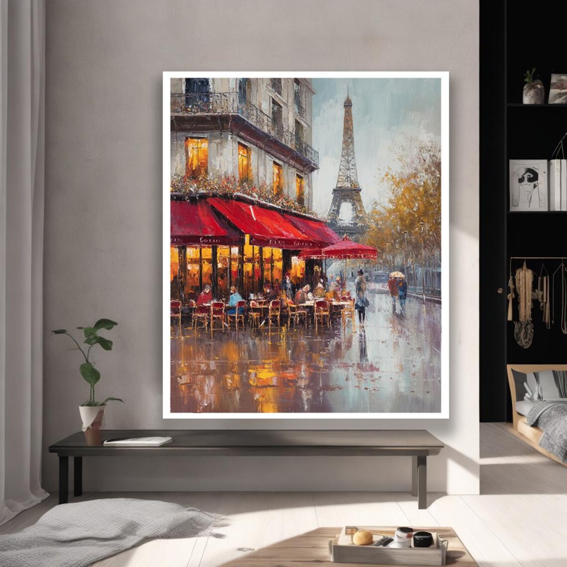 Paris Cafe Scene Eiffel Tower Painting Rainy Day Cityscape Art