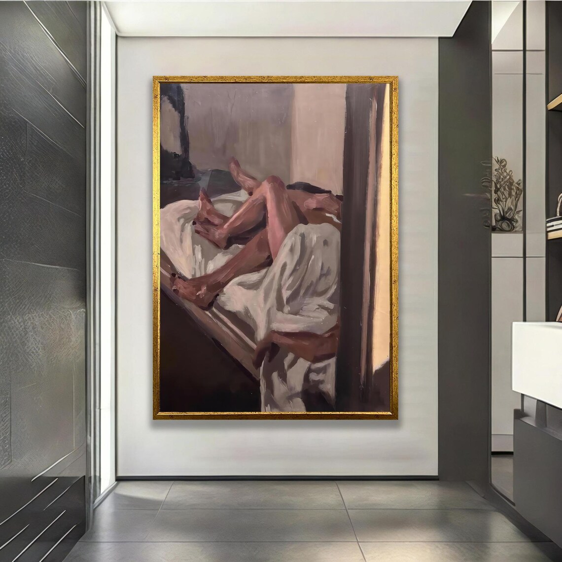 Intimate Couple Bedroom Romantic Soft Muted Oil Painting Poster