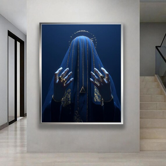 Mysterious Veiled Figure Dark Spiritual Art Gold Halo Poster