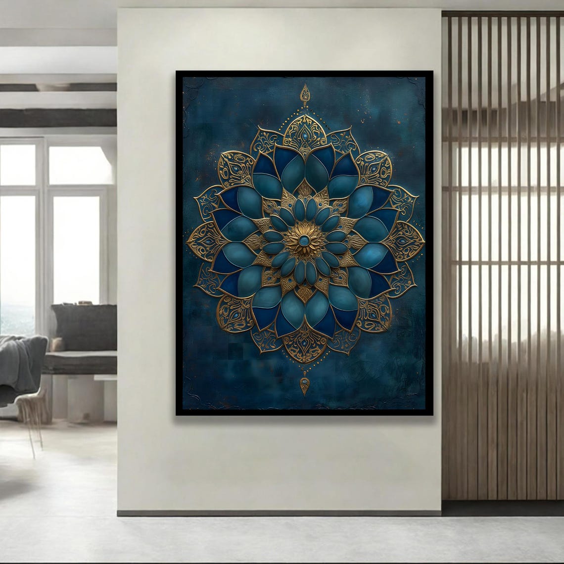 Islamic Mandala Wall Art Blue And Gold Geometric Canvas Print