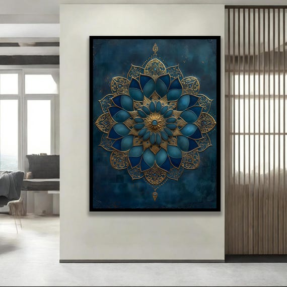 Islamic Mandala Wall Art Blue And Gold Geometric Canvas Print