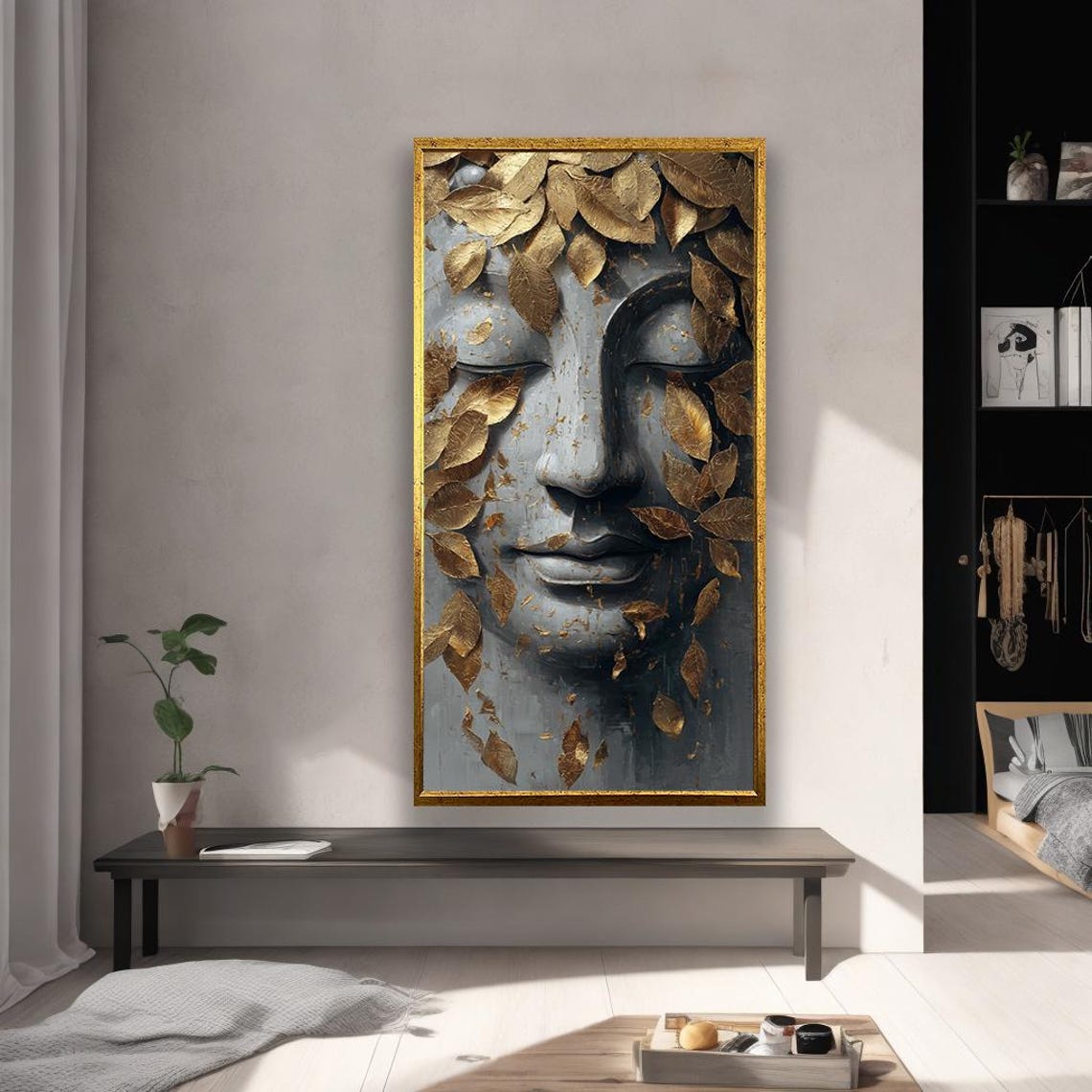 Buddha Face With Golden Leaves Serene Art Print