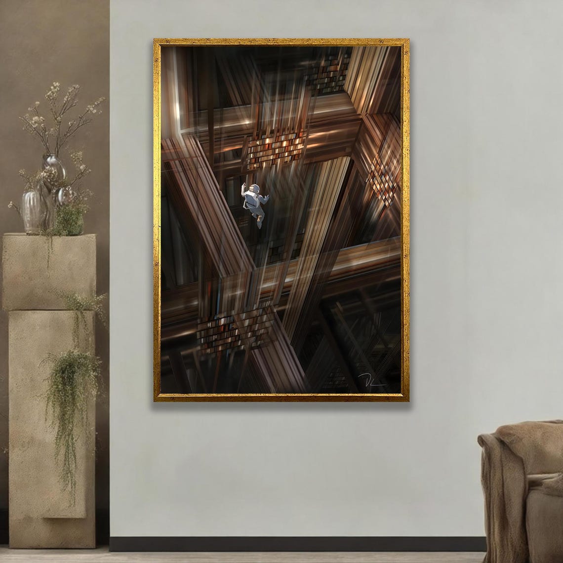 Astronaut Falling Through Towering Wooden Library Shelves Art Poster