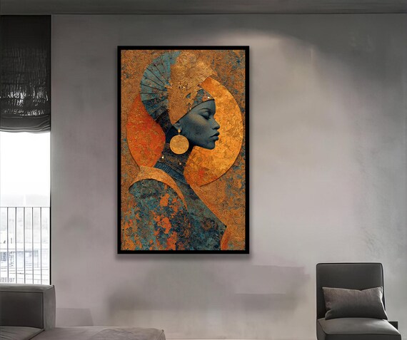 African Woman Silhouette Gold Batik Style Cultural Canvas Art Poster