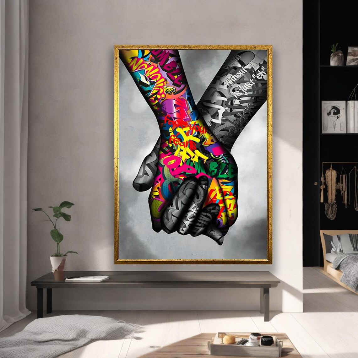 Holding Hands Graffiti Street Art Colorful Urban Love Unity Bold Wall Poster