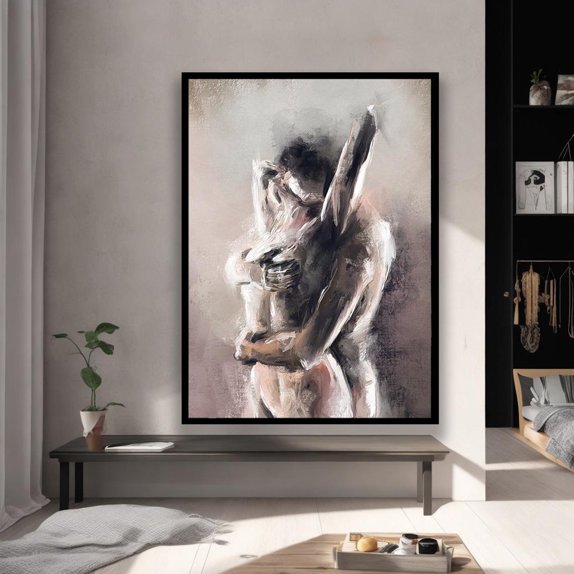 Abstract Lovers Art Nude Embrace Couple Painting Wall