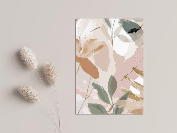 Modern Living Room Wall Art Abstract Nature Poster Pastel Green Beige Illustration Minimalist Kitchen Office Bedroom Decor
