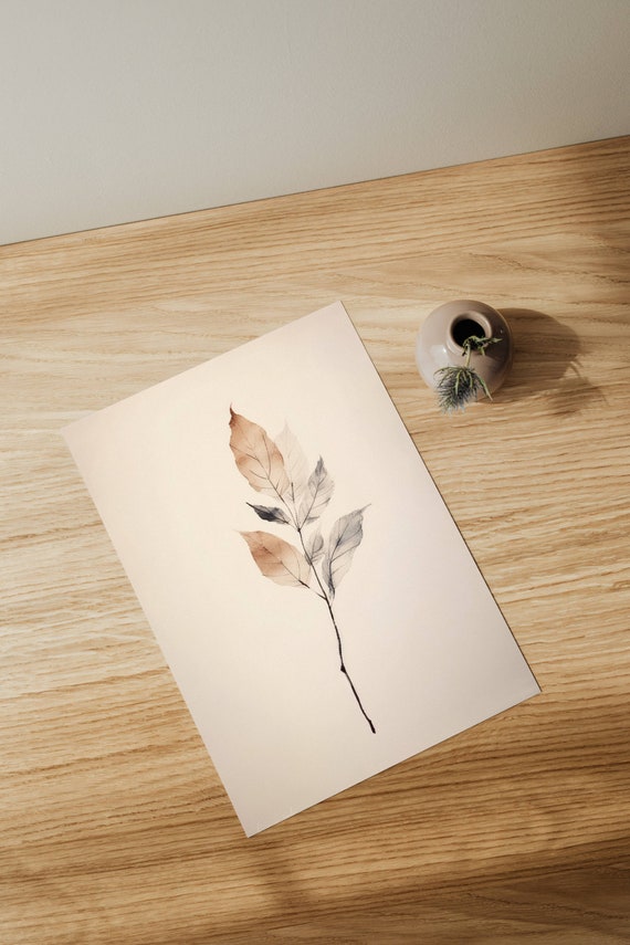 Modern Living Room Wall Art Botanical Watercolor Poster Beige And Gray Leaf Design Natural Decor For The Dining Hallway