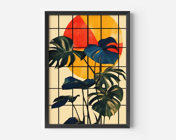 Monstera Leaves Red Sun Vintage Tropical Botanical Art Poster
