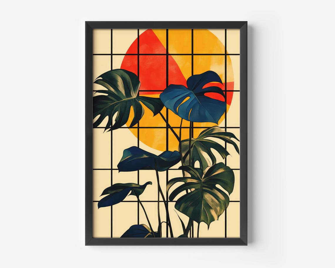 Monstera Leaves Red Sun Vintage Tropical Botanical Art Poster