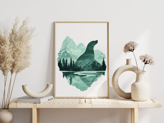 Wall Mural Nature Animals Minimalist Poster Scandi Style Green Blue Seal Mountains Illustration Living Room And Bedroom Office Hallway Pictures