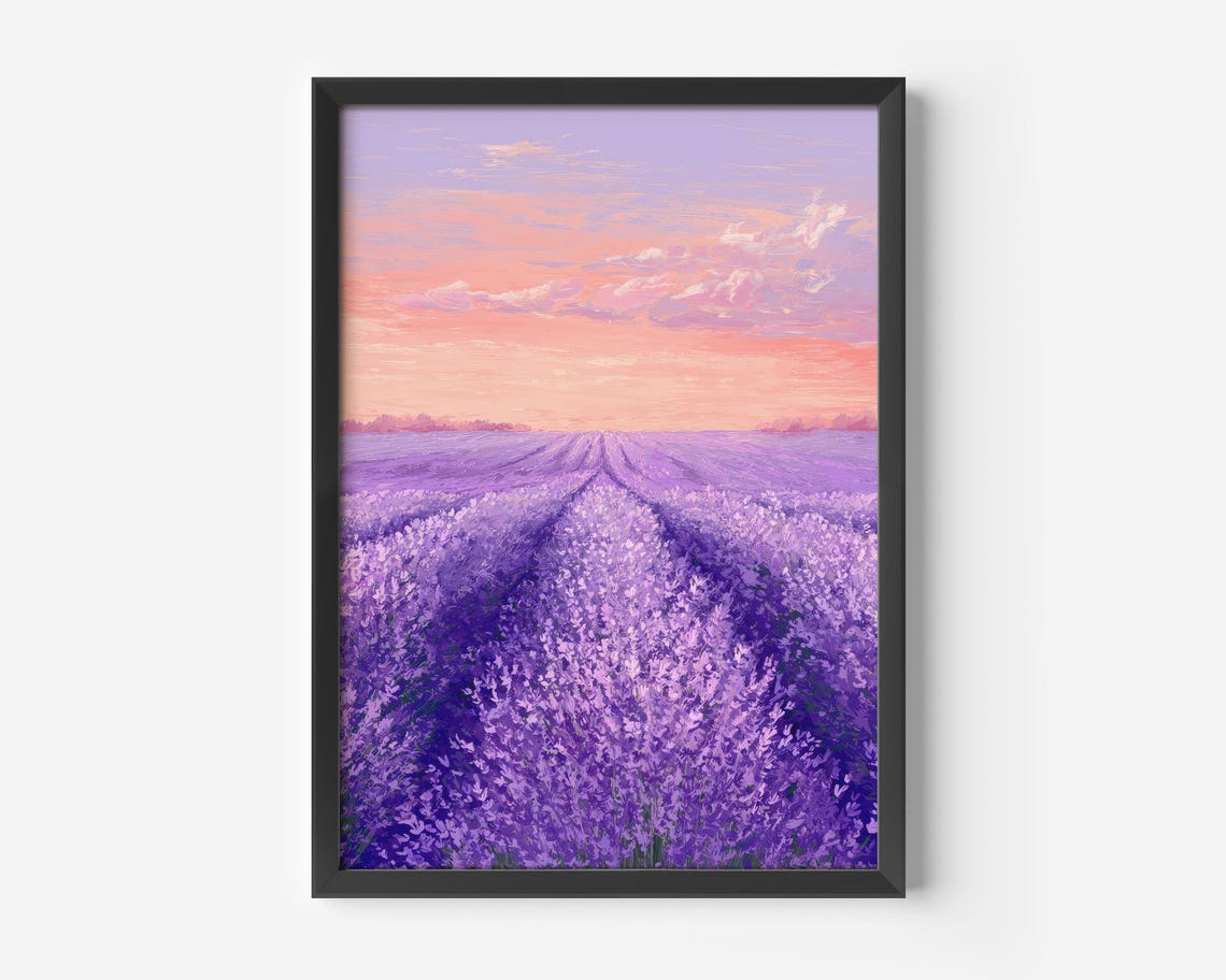 Purple Lavender Field Pink Sunset Painterly Floral Art Print