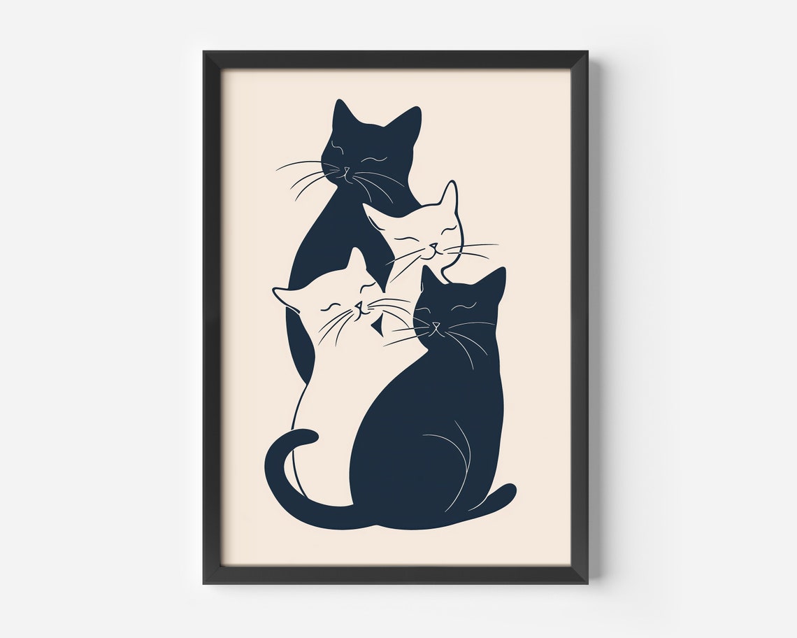 Four Minimalist Black and White Cats Cuddling Modern Art Poster