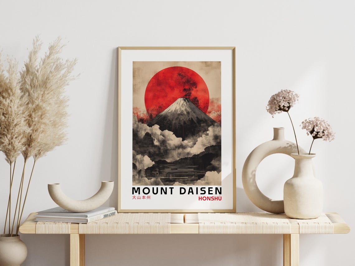 Mount Daisen Honshu Japan Giant Red Sun Ink Wash Mountain Poster