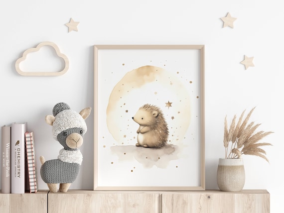 Cute Nursery Decor Scandi Animal Print Watercolor Hedgehog Illustration Beige Baby Wall Art Neutral Bedtime Design Poster