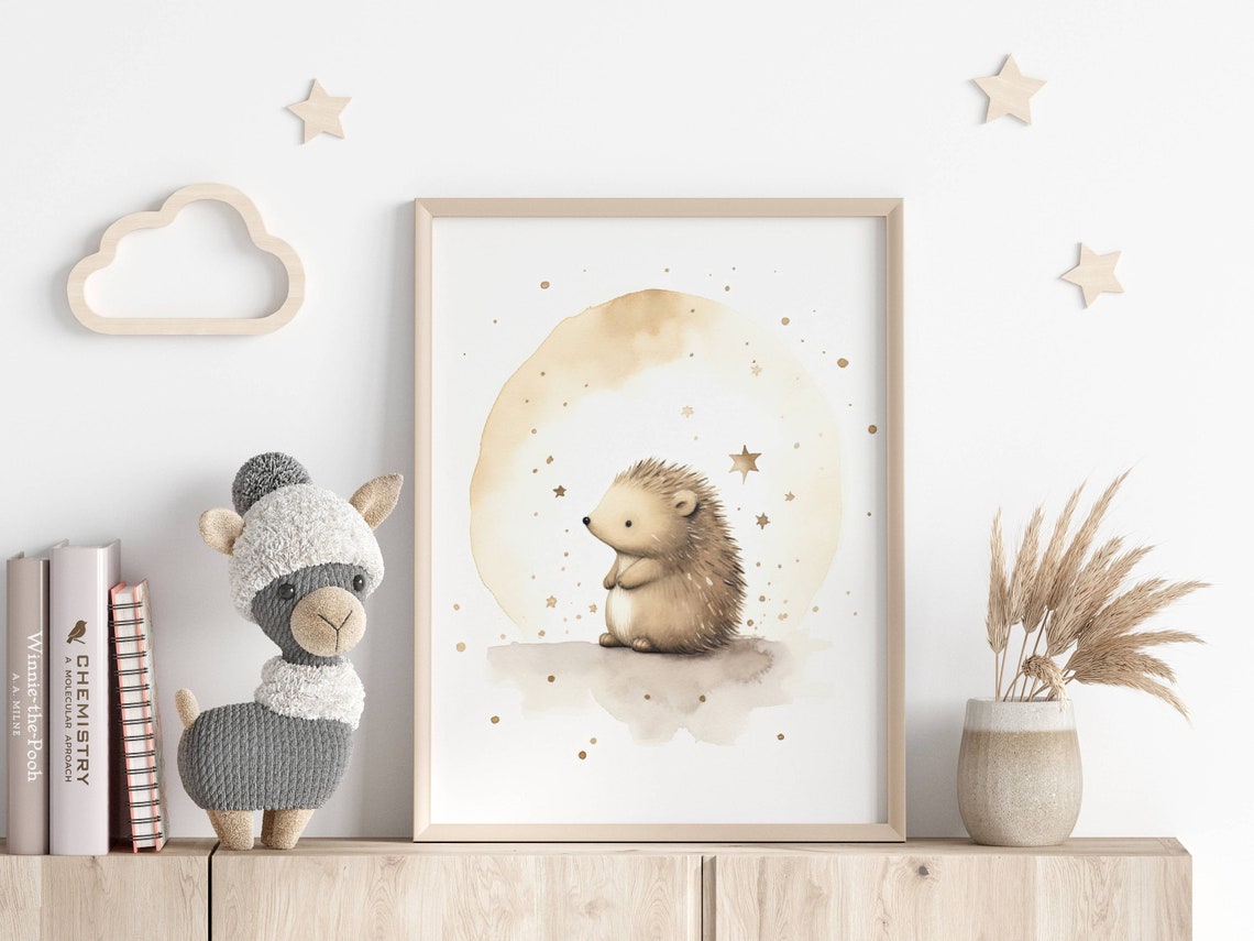 Nursery Hedgehog Watercolor Stars Cute Baby Room Wall Poster