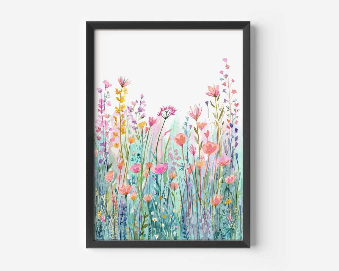 Watercolor Wildflower Meadow Poster Pastel Pink Floral Botanical Art