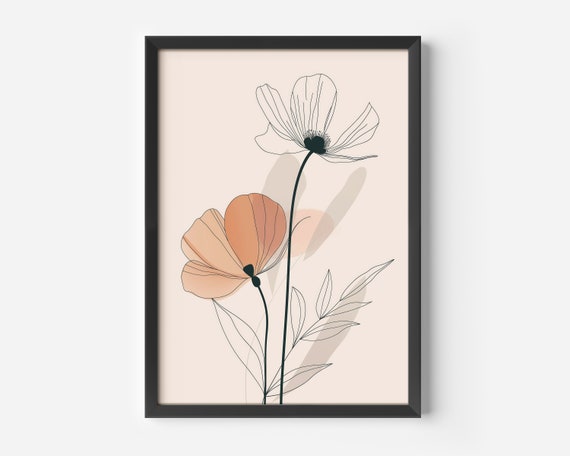 Minimalist Poster Fine Line Art Drawn Flowers On Beige Background Flower Illustration In Design
