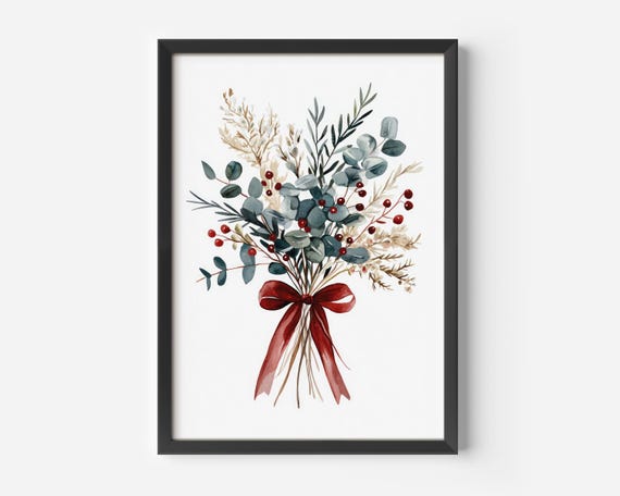 Elegant Living Room Wall Decor Scandinavian Botanical Art Watercolor Eucalyptus Red Bow Seasonal Decoration Dining Hallway