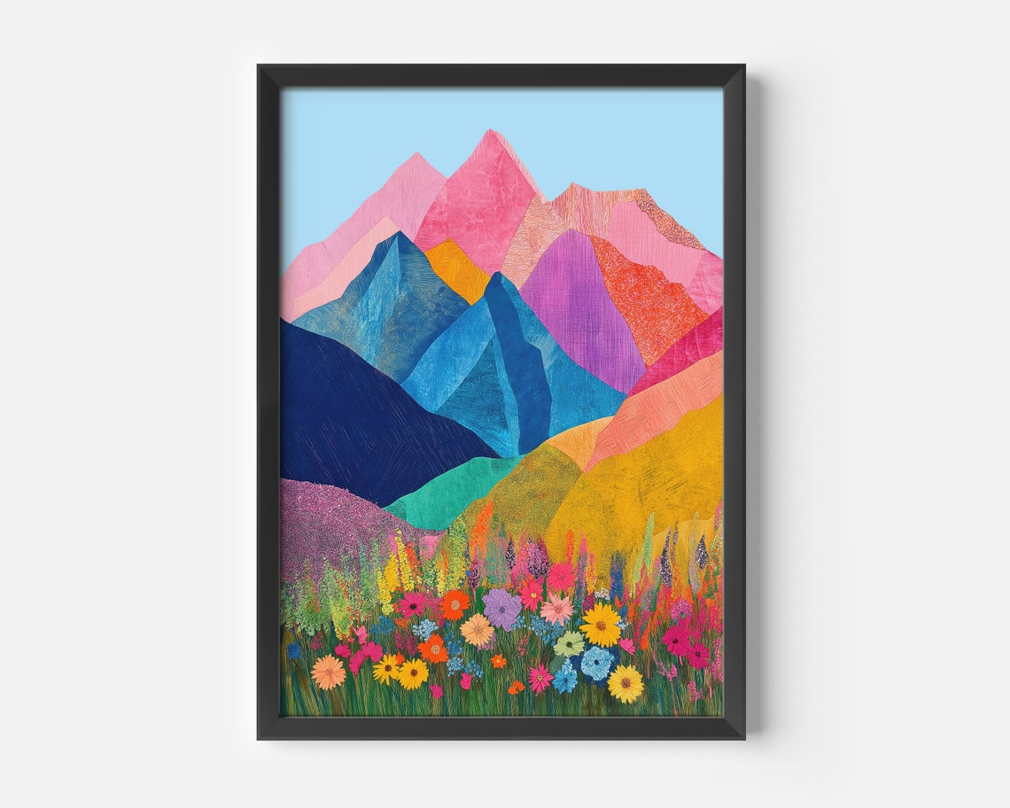 Colorful Mountain Peaks Wildflower Meadow Modern Boho Poster
