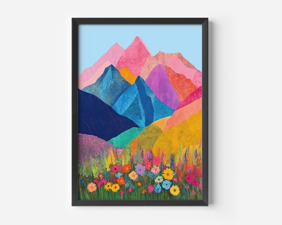 Colorful Mountain Landscape Wall Art Mountains And Meadow Poster Abstract Nature Living Room Decor Flowers Hallway Office