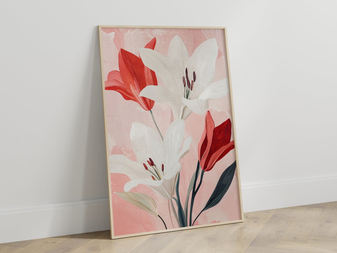 Red White Lily Blooms Blush Pink Floral Modern Botanical Poster