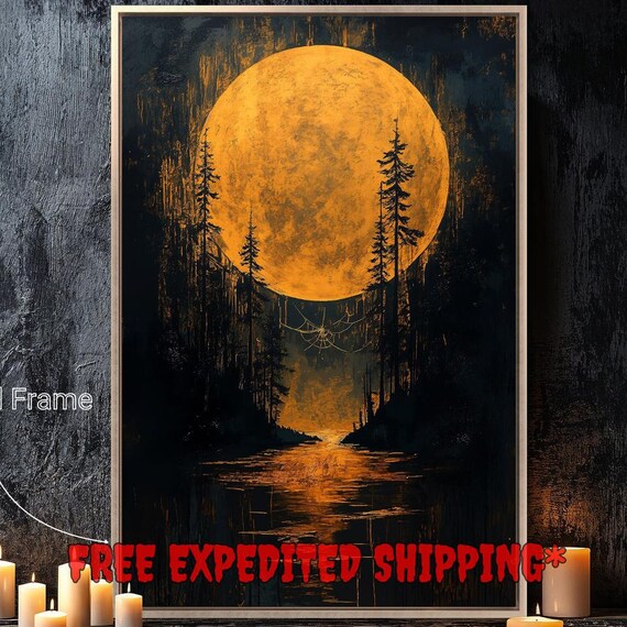 Harvest Moon Over Dark Forest River Orange Night Spooky Halloween Wall Poster