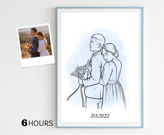 Custom Line Art Wedding Portrait with Bouquet and 21.5.2022 Date Poster