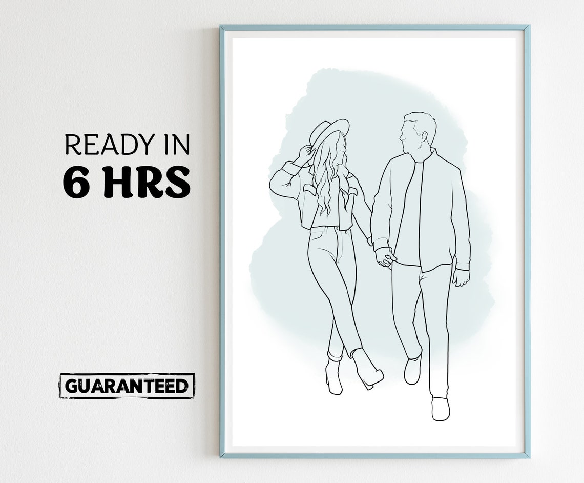 Custom Couple Walking Line Art with a Blue Watercolor Poster