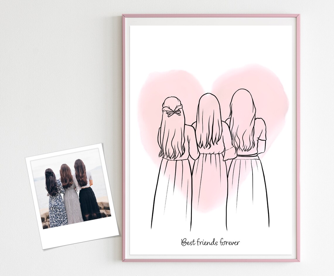 Custom Line Art Portrait of Three Friends Seen from Behind Poster