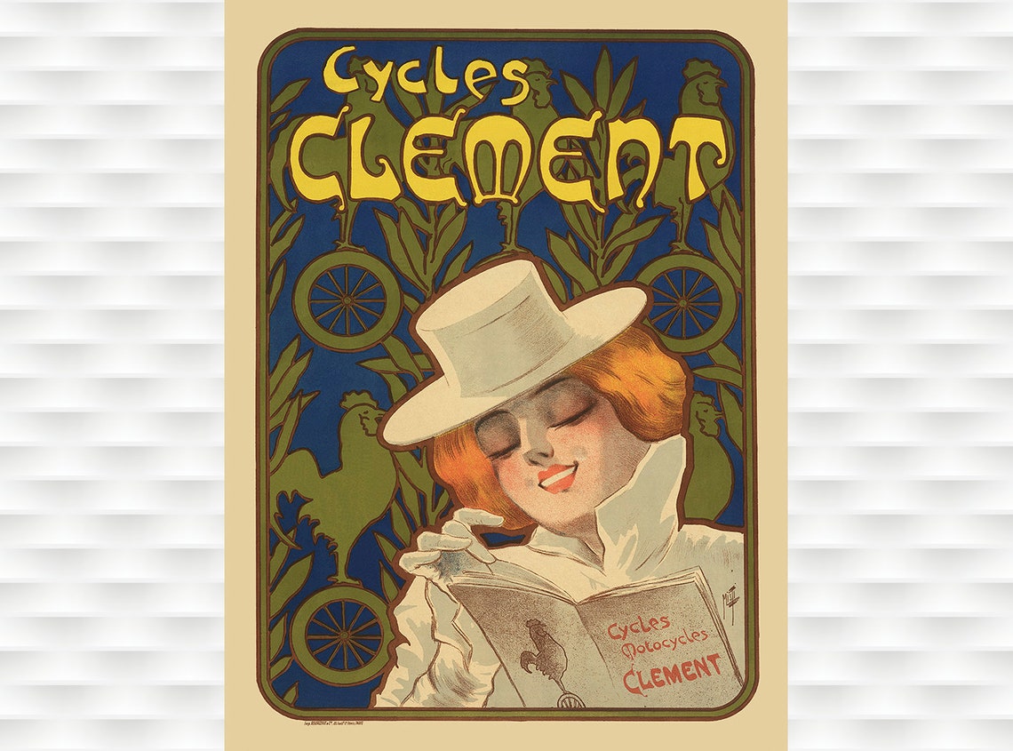Cycles Clement Art Nouveau Woman Reading French Vintage Bicycle Poster