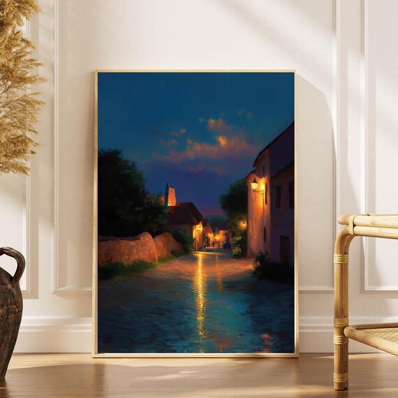 European Village Street Night Lamplight Reflections Cozy Dusk Art Print
