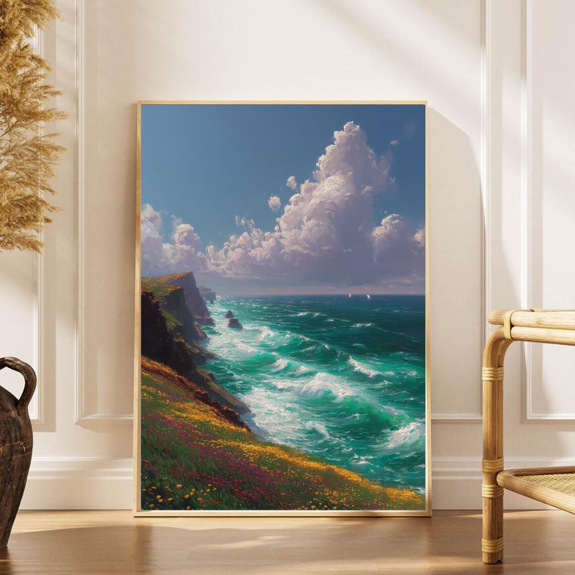 Wildflower Cliffside Turquoise Ocean Waves Impressionist Seascape Poster