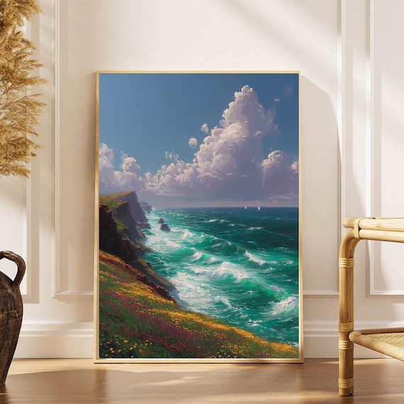 Wildflower Cliffside Turquoise Ocean Waves Impressionist Seascape Poster