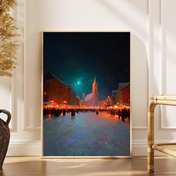 Christmas Market Night Old Town Square Impressionist Holiday Wall Art