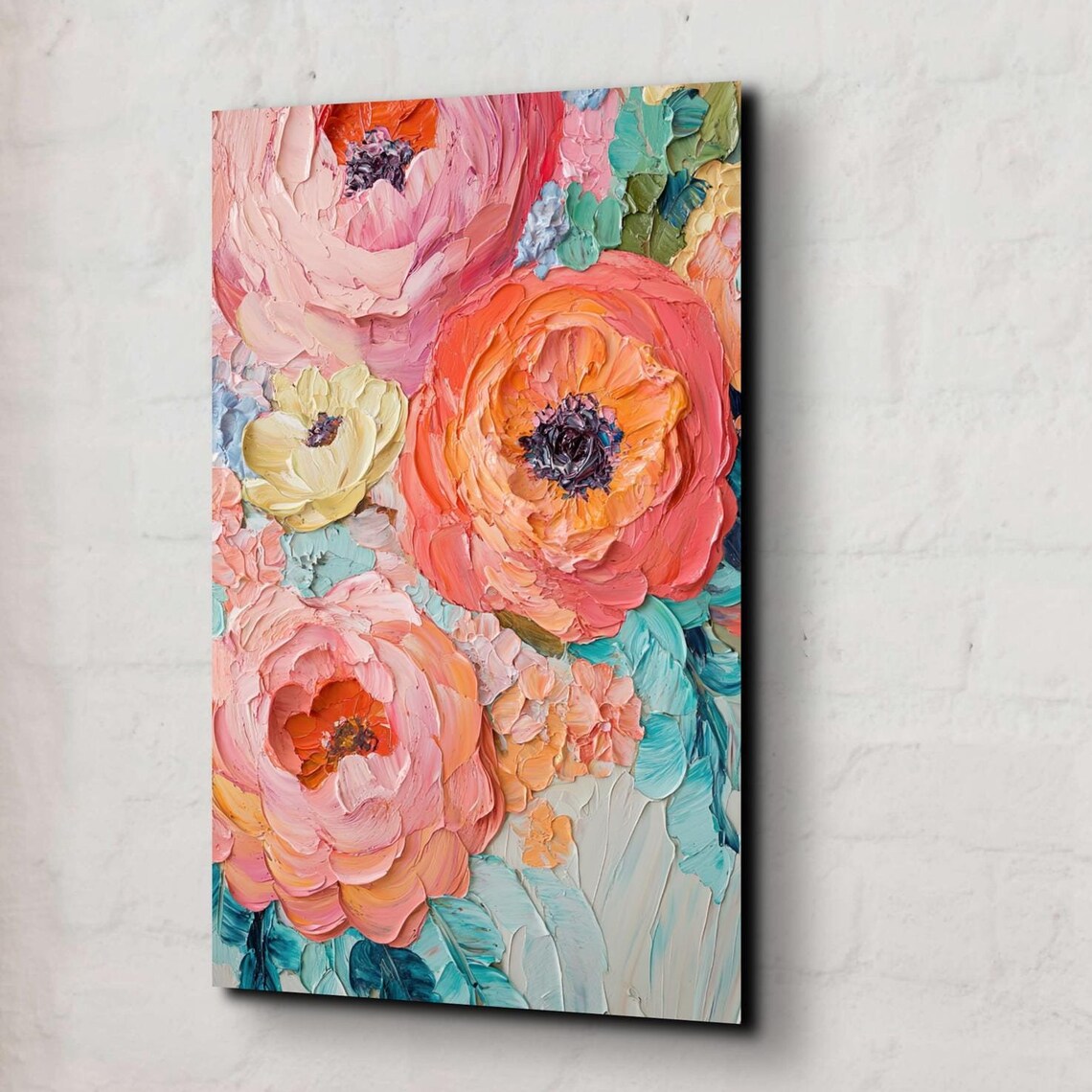 Pink Coral Ranunculus Impasto Palette Knife Floral Oil Art Poster