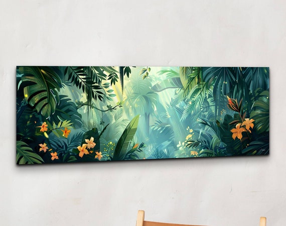 Tropic Botanical Floral Sce Mid Century Modern Wall Art Panoramic Botanical Art Floral Wall Art Tropical Art