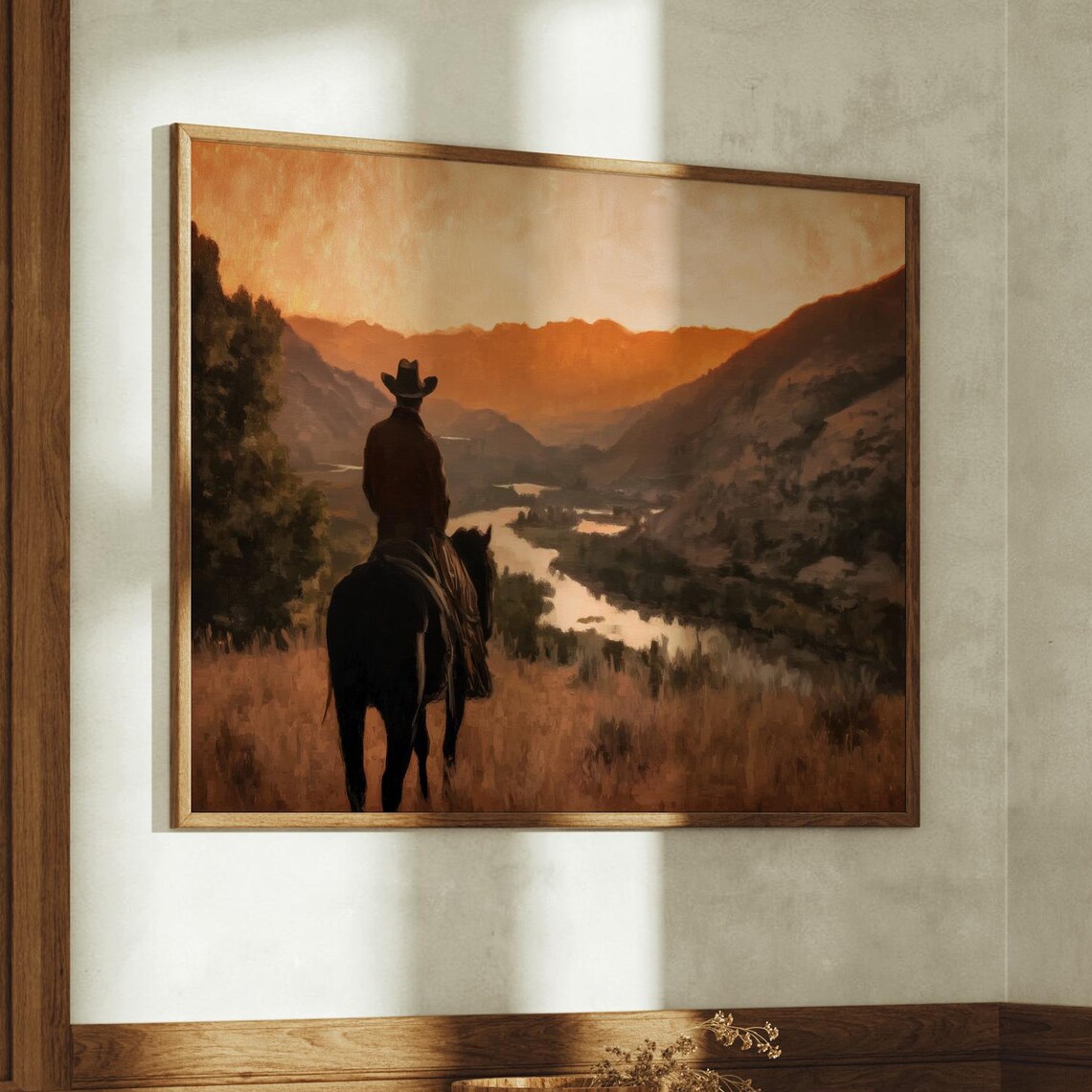 Cowboy On Horse Overlooking Sunset River Valley Silhouette Poster