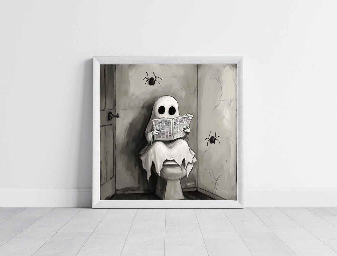 Funny Ghost Reading Newspaper on Toilet Bathroom Humor Poster - Image 2