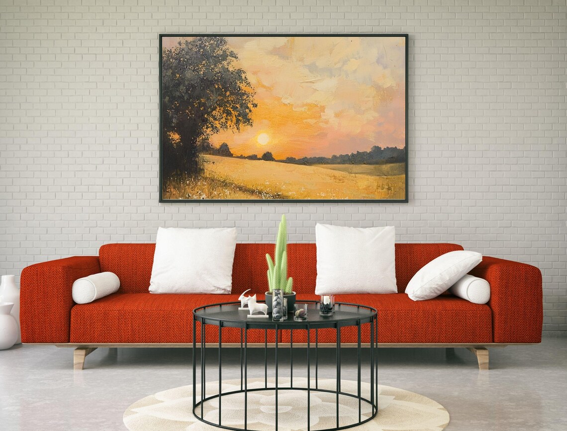 Warm Golden Sunset Field Tree Oil Painting Landscape Art Print - Image 3