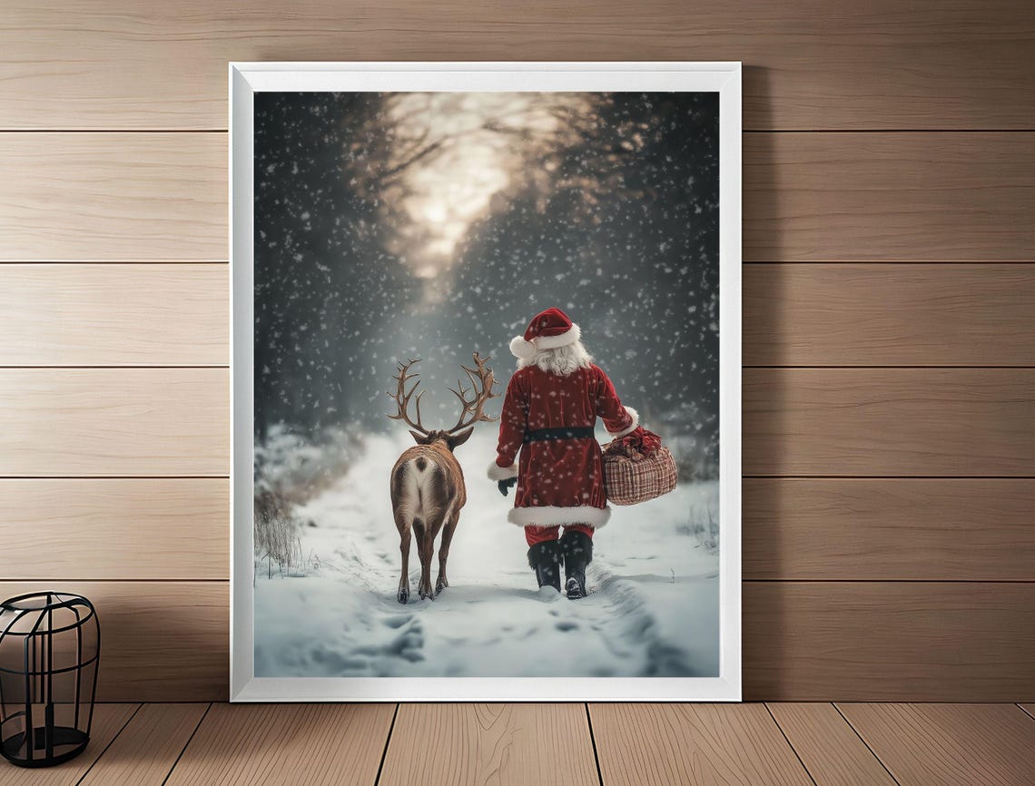 Santa Claus Walking With Reindeer In Snowfall Vintage Christmas Poster - Image 3