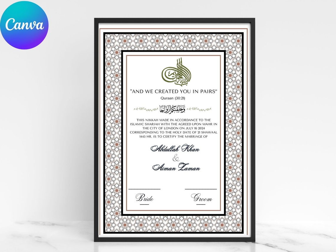 Personalized Nikkah Certificate Islamic Wedding Keepsake Poster