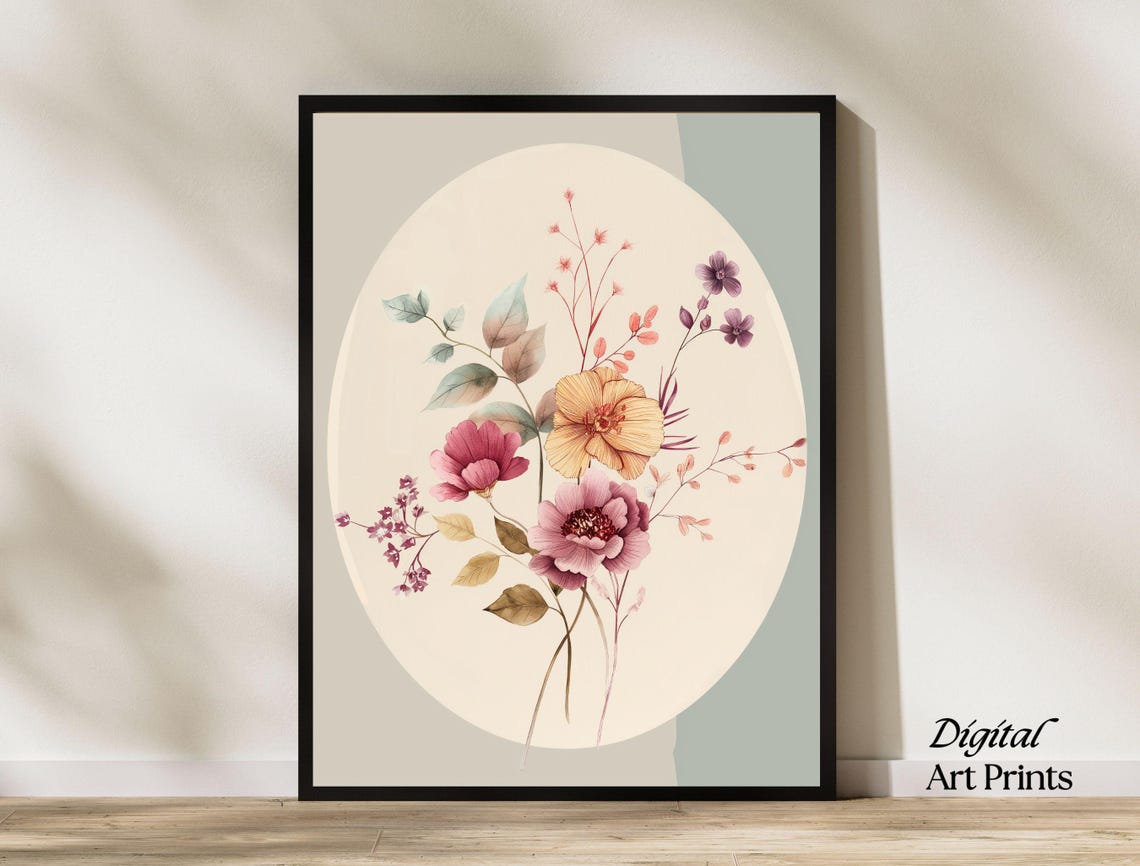 Watercolor Wildflower Bouquet Botanical Oval Sage Green Wall Art