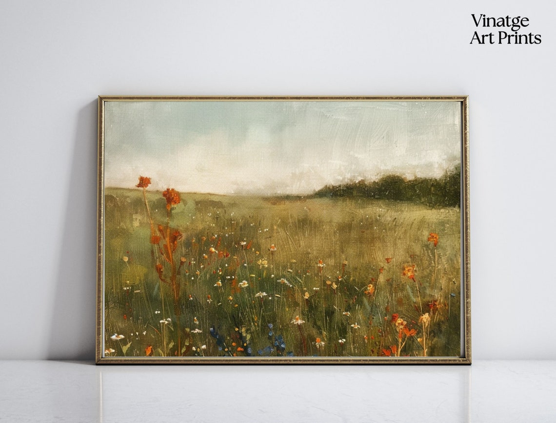 Soft Misty Green Meadow with Wildflowers at Calm Daybreak Poster