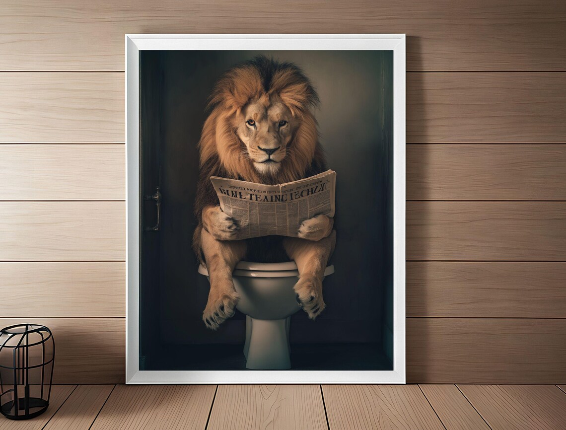 Funny Lion Sitting on Toilet Reading Newspaper Bathroom Art Print - Image 5