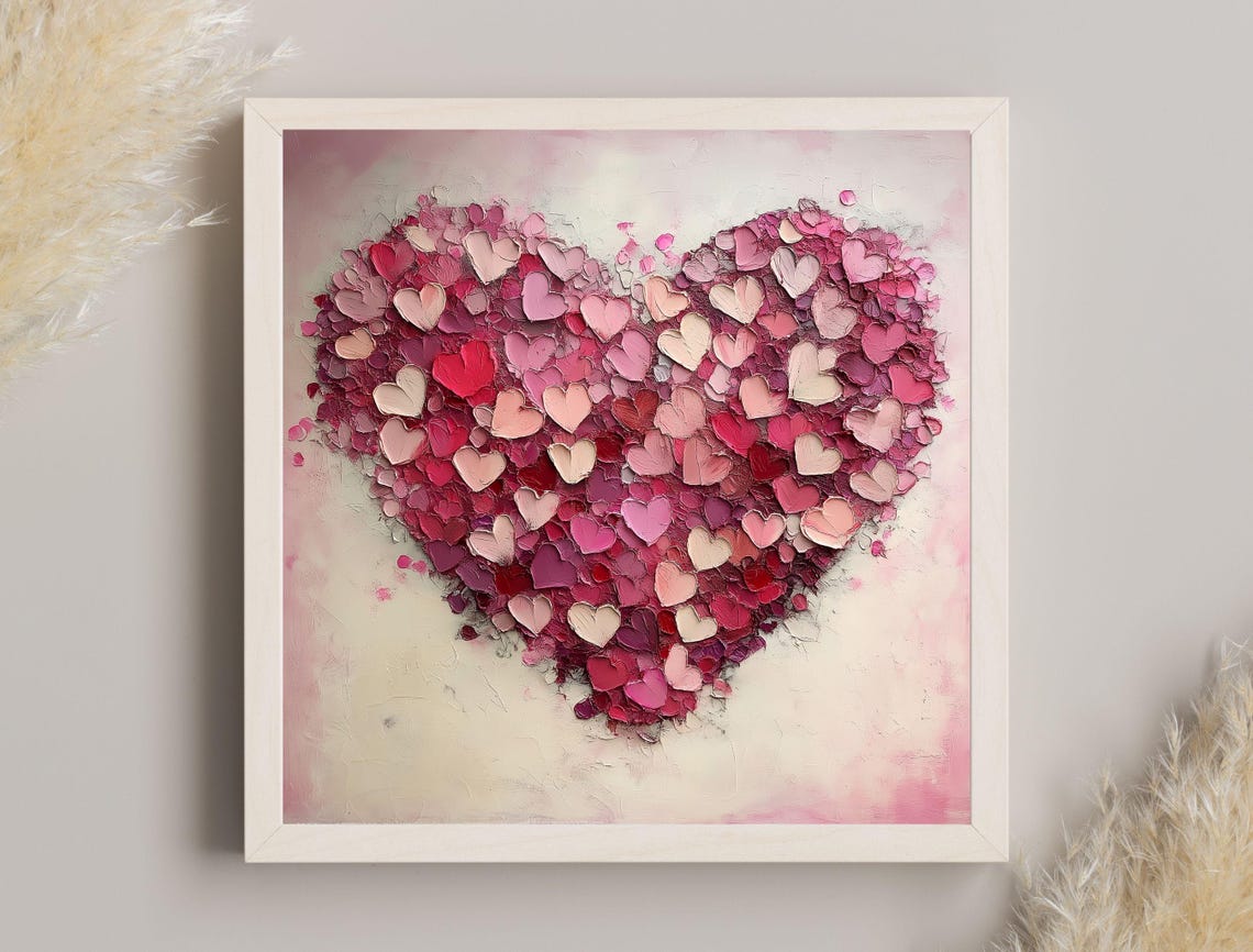 Pink Blush Textured Heart Impasto Oil Painting Romantic Decor Print - Image 7
