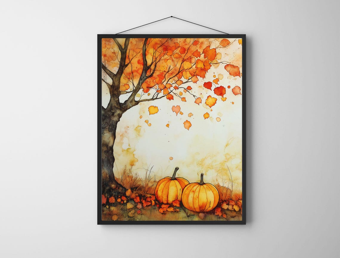Autumn Tree Showering Orange Leaves Over Two Pumpkins Poster - Image 5