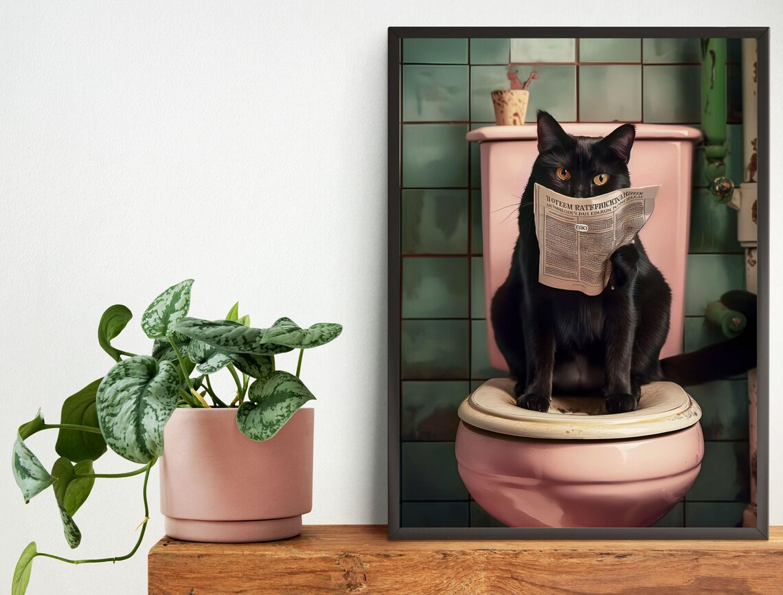 Funny Black Cat Sitting on Toilet Reading Newspaper Bathroom Poster - Image 5