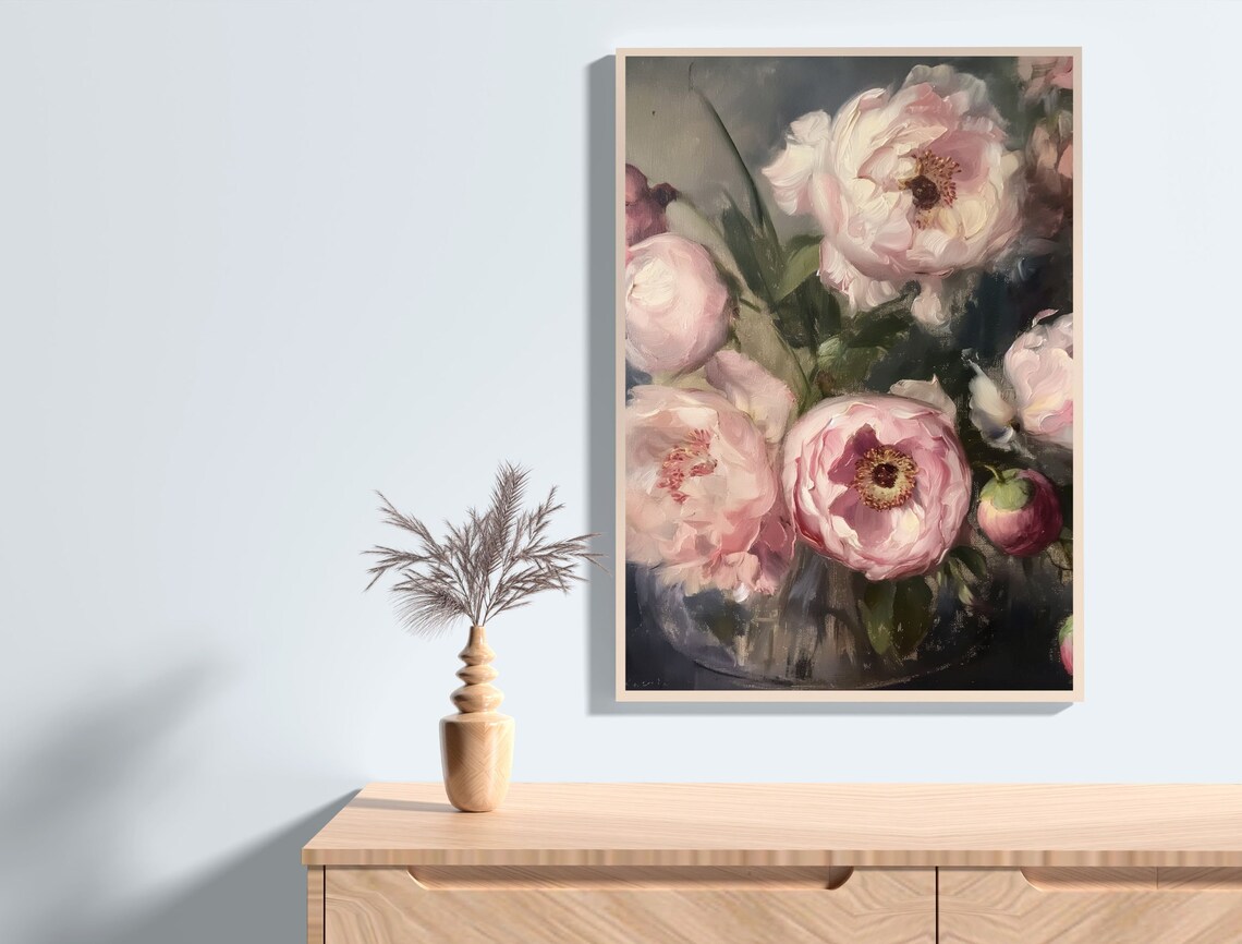 Lush Pink Peony Oil Painting Moody Floral Bouquet Art Poster - Image 5